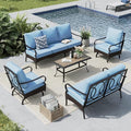 MFSTUDIO 5 PCS Outdoor Patio Furniture Set, Metal Outdoor Conversation Set, Rattan Wicker Patio Sectional Sofa Set with 2 x Rocking Single Sofa, 2-Seat and 3-Seat Sofa, 1 x Coffee Table, Blue