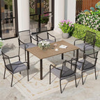 Patio Table and Chairs Set of 6, All-Weather Breathable Metal Mesh Patio Chair with Gourd-Shaped Armrests, 60x38 Wood-Like Table with Umbrella Hole, 7 Pcs Metal Frame Patio Dining Set