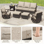 6 Piece Patio Furniture Set, Wicker Patio Conversation Set with Swivel Glider Chair and Outdoor 3-Seater Sofa and 2 Ottomans and Side Table for Deck Yard and Poolside