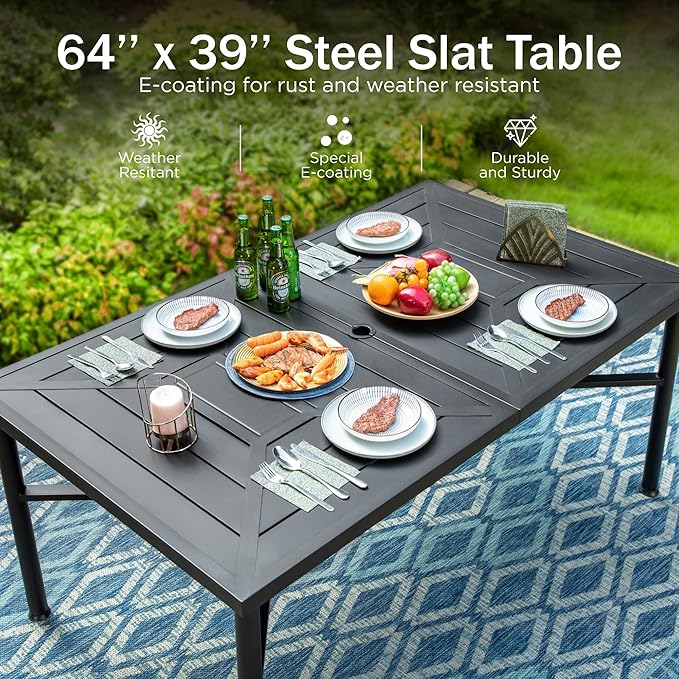 PHI VILLA 7 Pieces Outdoor Dining Set for 6, 64" Metal Steel Dining Table with Umbrella Hole & Cushioned Iron Swivel Chairs for Patio, Yard, Porch, Deck