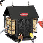 Kingsyard Metal Bird Feeder for Outdoor Hanging, Wild Bird Feeder with Double Suet Cage, Weatherproof Roof and 3 lbs Large Seed Capacity, Black