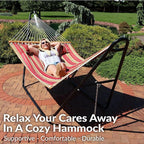Sunnydaze Double Quilted Fabric Hammock with Universal Steel Stand - 450-Pound Capacity - Black Stand - Red Stripes