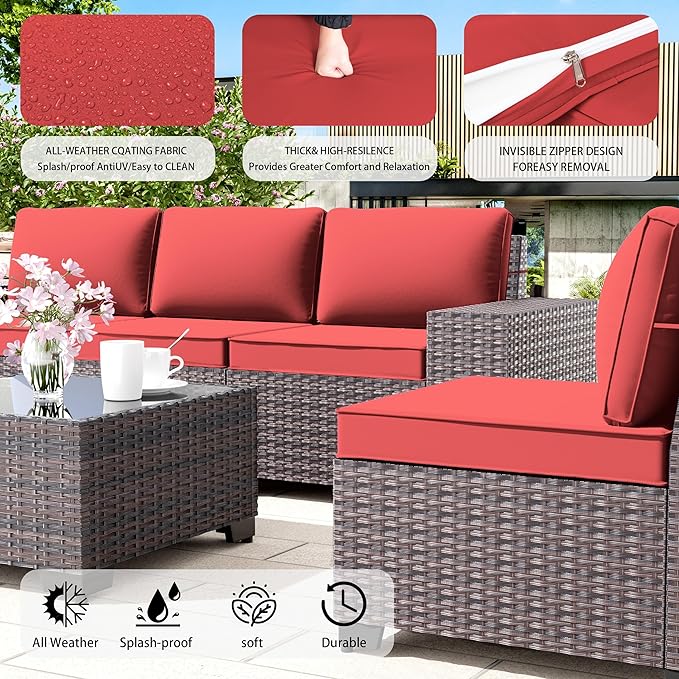 Outdoor Patio Furniture Set with Propane Fire Pit Table, 7 Pieces Outdoor Furniture Patio Sectional Sofa Conversation Sets w/ETL Approved 43" Gas Outdoor Fire Table & Coffee Table RED.