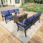 3 Pieces Modern Patio Furniture Set, All Weather Metal Outdoor Conversation Sets with Fire Pit Table for Backyard Garden Deck Porch Poolside, Blue