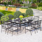 PHI VILLA 9 Pieces Outdoor Dining Set for 8, 60” Square Wrought Iron Dining Table & Heavy-Duty Steel Chairs with Cushions, Large Dining Furniture Set for Patio, Deck, Yard, Porch