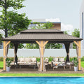 Domi Hardtop Gazebo 12’x20’ Cedar Frame Wood Gazebo with Galvanized Steel Double Roof, Outdoor Permanent Metal Gazebos with Curtains and Netting for Patio,Deck,Backyard