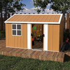 12x8 FT Outdoor Steel Storage Shed with Clear Windows, Sliding Lockable Door & Ventilation, Brown and White Weather-Resistant Metal Tool Shed for Garden, Backyard, Lawn, and Utility Storage