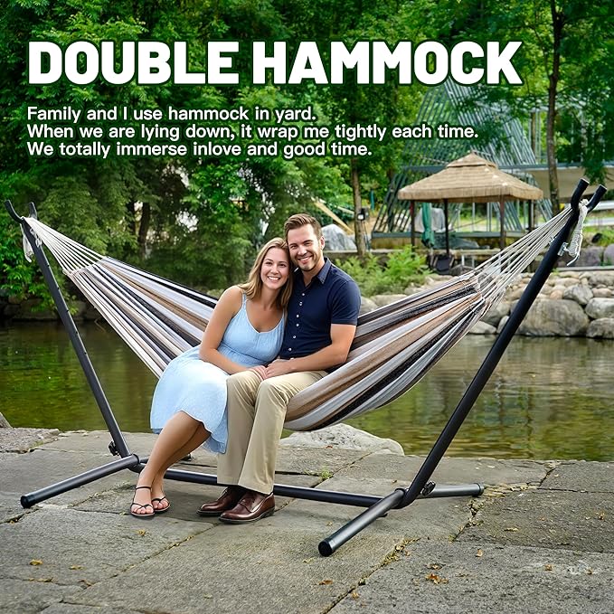 Hammock with Heavy-Duty Steel Stand for Outside，Hammocks 450 Lb Capacity，Portable Hammock，2 People Standing Hammocks，Suitable for Beach，Backyard, Gardens, Patio, Bedroom，100 * 40 * 38 Inch (Coffee)