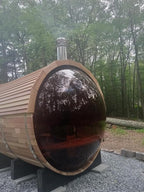 ZONEMEL Barrel Steam Sauna Room with Panoramic View, Canadian Red Cedar Outdoor Sauna with Wood Shingle Roof, Wood-Fired Stove, 8 Person, 8mm Tempered Glass