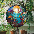 Stained Glass Window Hanging - Blue Ocean World Small Fish Coral Sun Catcher for Door Garden Home Decor Sea Suncatcher Christmas Mother's Day Birthday Gifts for Women Men Mom Nana 7.8 in