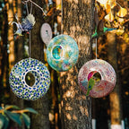 Mosaic Bird Feeder - Outdoor Fly Through Wild Hanging Bird Feeders with Mosaic Glass Design for Garden, Yard, Backyard, Deck and Porch Decor, 9 Inch