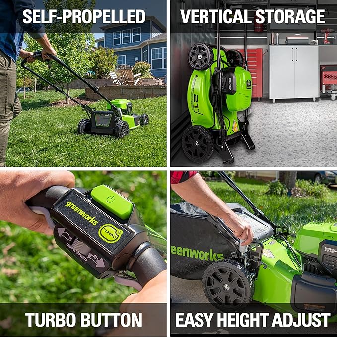 Greenworks 48V (2x24V) Cordless Yard Tool Combo - 21" Self - Propelled Push Mower, 12" Trimmer, Blower + 24V Cordless Battery Inflator