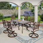 MFSTUDIO 7 Pieces Cast Aluminum Patio Dining Set, Retro Design Outdoor Table and Chairs Set with 6×Swivel & Rock Chair and 1×63" Rectangular Outdoor Dining Table