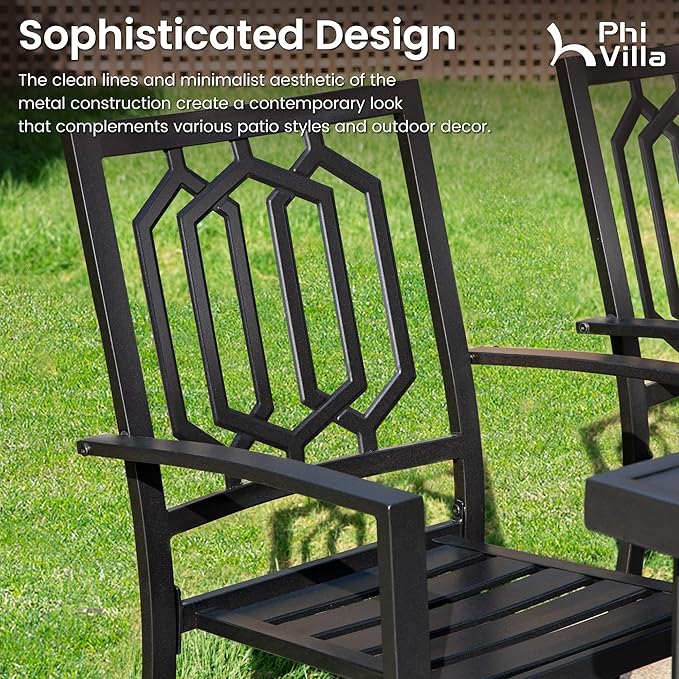 PHI VILLA 7-Piece Outdoor Dining Set, Rectangular Metal Table (64") with Umbrella Hole and 6 Stackable Dining Chairs – Perfect for Patio, Garden, Deck, Porch, and Yard, 7PCS Outdoor Dining Set Style 2