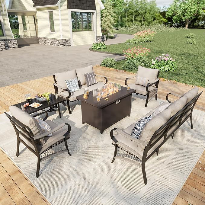 6 Pieces Outdoor Patio Conversation Sets with All Weather Cushions, Metal 3-Seater, 2 Single Chairs, 1 Loveseat, 1 Coffee Table, 1 Fire Pit Table for Backyard Deck Porch Poolside, Beige