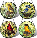 Stained Glass Window Hanging 4 Pcs Set Bird Theme On Branch 9.8" - Cardinal Suncatcher Door Garden Sun Catcher Decor Birthday Christmas for Mom Woman Nana Men