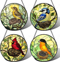 Stained Glass Window Hanging 4 Pcs Set Bird Theme On Branch 7.8" - Cardinal Suncatcher Door Garden Sun Catcher Decor Birthday Christmas for Mom Woman Nana Men