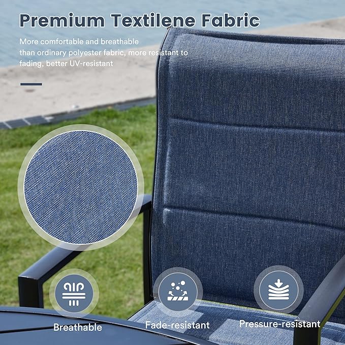 VICLLAX 5 Pieces Patio Dining Set, 4 Seats Outdoor Furniture Set Includes 40.2" Square Outdoor Dining Table and 4 Swivel Patio Chairs, Black Tabletop and Blue Fabric