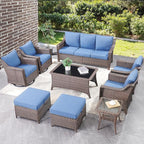 Outdoor Wicker Patio Chairs Set of 4 - Heavy Duty Outside Rattan Lawn Chair for Front Porch Balcony Backyard Yard Deck Poolside Apartment – Brown/Blue