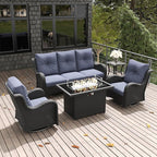 LayinSun 5 Pieces Outdoor Patio Furniture Set with Fire Pit Table, Rattan Wicker Sectional Swivel Rocker Chairs Sets with Swivel Glider Chair and Coffee Table