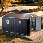 10x10 FT Metal Outdoor Shed with Floor Base Waterproof Large Tool House with Unique Clear Roof Skyview Windows Air Vents Door for Garden Patio Backyard Storage Lawnmower,Garage,Dark Grey