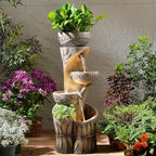 35.6" H Outdoor Water Fountain - Relief Leaf Design 4 Tiers Modern Cascading Bowls and Garden Fountains with Lights for Patio, Deck, Porch, Lawns, Backyard and Home Art Decor