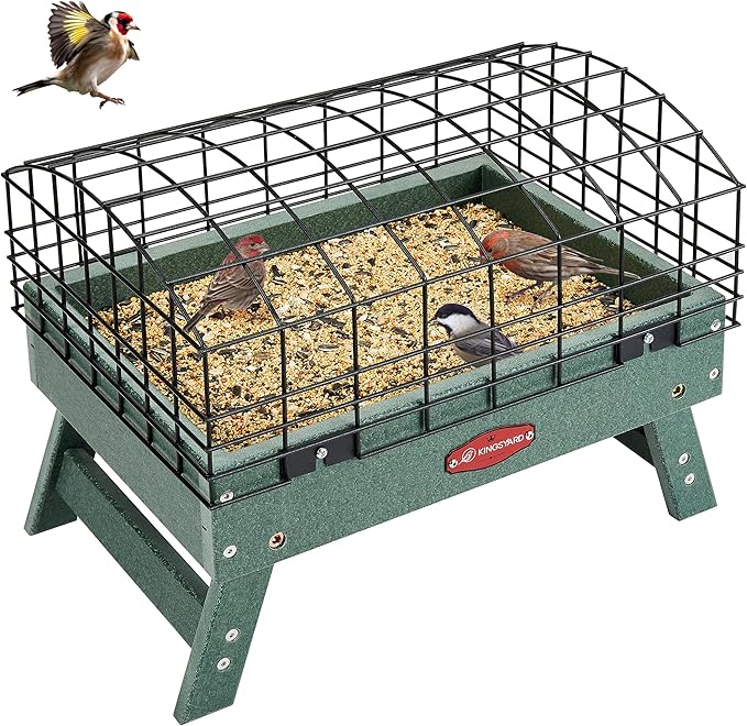 Kingsyard Squirrel Proof Ground Bird Feeder for Outdoors - Recycled Plastic Platform Feeding Station, Fly-Through Metal Caged Wild Bird Feeder for Small Birds, 5 LBS Large Capacity, Green