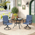 DIFY 3 Pieces Outdoor Patio Dining Set for 2, 27.6" Small Black Square Metal Dining Table and 2 Blue Textilene Swivel Dining Chairs, Outdoor Table and Chairs