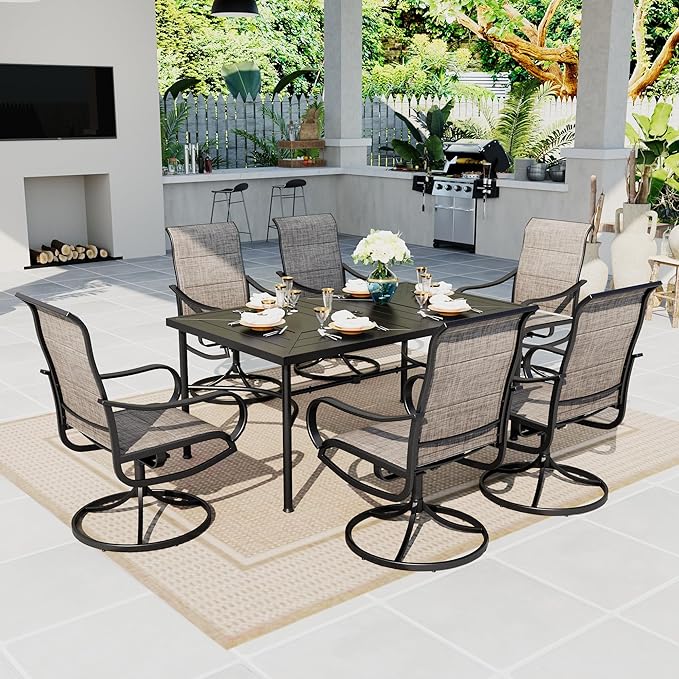 Sophia & William Patio Dining Set 7 Pieces, 6 x Swivel Patio Dining Chairs Qucik Dry, Large 64" Metal Dining Table, for Patio Garden Backyard Support 300lbs
