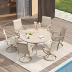 VICLLAX Patio Dining Set for 6, 7 Pieces Outdoor Furniture Includes 53" Round Patio Table with Umbrella Hole and 6 Outdoor Swivel Chairs for Lawn Garden, Sandshell Tabletop and Fabric