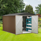 10x10 FT Outdoor Metal Storage Shed, Large Metal Storage Sheds with Sturdy Frame Structure, Garden Tool Shed with Lockable Door for Garden, Lawn, Backyard, Brown