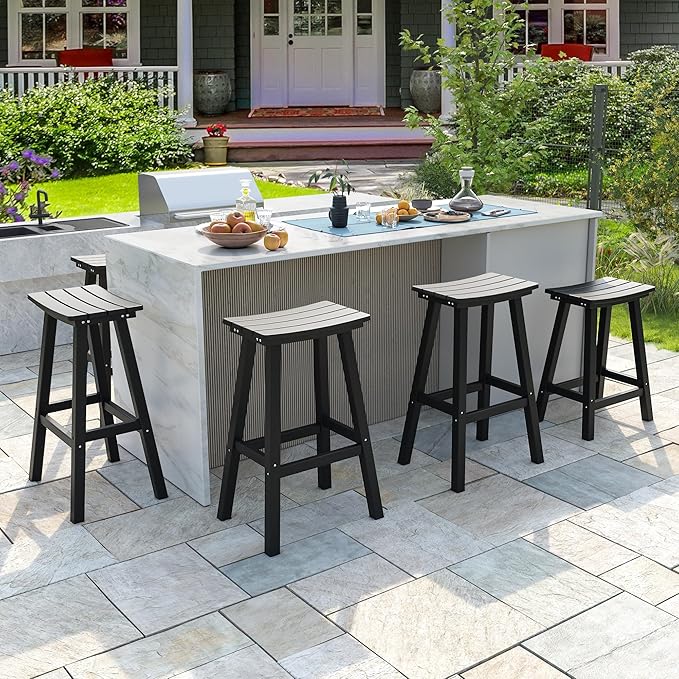 nalone 29 Inch Outdoor Bar Stool, HDPE Bar Chairs with Footrest, Weather Resistant Waterproof Bar Stools Outside Bar Height Stools for Bar, Kitchen Counter, Yard, Balcony(Black, 29'' Barstools)