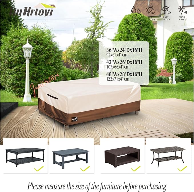 Outdoor Coffee Table Cover Waterproof, Patio Rectangular Side Table Covers, 36W x 24D x 16H Inches Outdoor Tables Cover,Beige&Brown
