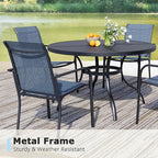 5 Pieces Round Dining Table Set for 4, Patio Dining Set Includes 4 Blue Stackable Patio Chairs and 1 Black Mesh Round Table, Patio Furniture Sets with Sling Support for Outside, Garden