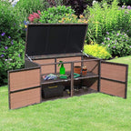 Tangkula Outdoor Wicker Storage Box, Garden Deck Bin with Steel Frame, Rattan Storage Box with Lid, Ideal for Storing Tools, Accessories, 88 Gallon Capacity (Brown)