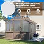 8x8 FT Greenhouse Kit for Outdoor, 6MM Thick Polycarbonate Panel Wooden Walk-in Green House with Lockable Door and Adjustable Roof Vent, Backyard Garden, Light Mocha Brown