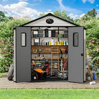 8 x 8 FT Plastic Outdoor Storage Shed with Floor,Garden Resin Shed with Window and Lockable Door, Outside Sheds for Bike, Garbage Can, Tool
