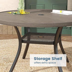 DIFY 48" Round Patio Dining Table for 6, Outdoor Metal Dining Table with 1.57" Umbrella Hole for Backyard Lawn Garden, Grey Wood-Like