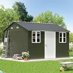 VanAcc 12x10.3x8.1 FT Galvanized Steel Outdoor Storage Shed with a Lockable Hinged Door and 2 Windows, Metal shed for Garden, Backyard, Dark Grey/White