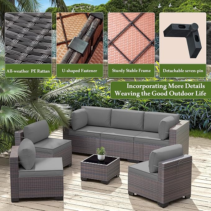 Outdoor Patio Furniture Set, 14 Pieces Outdoor Furniture All Weather Patio Sectional Sofa PE Wicker Modular Conversation Sets with Coffee Table,12 Chairs & Seat Clips(Grey)