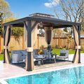 YOLENY 12'x10' Hardtop Gazebo, Outdoor Canopy Gazebos wtth Acrylic & Galvanized Steel Roof,Aluminum Frame with Curtains and Netting, Sunshade for Garden, Patio, Lawns Black