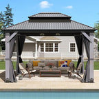 10x12FT Wood Gazebo,Outdoor Wooden Hardtop Gazebo with Galvanized Steel Doule Roof,Cedar Wood Frame Gazebos with Netting &Curtainfor Patio Backyard Deck