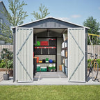 8x12 FT Shed Outdoor Storage Metal Large Garden Tool Sheds with Lockable Doors Floor Frame Gable Roof Waterproof Steel Utility Equipment Sheds for Backyard Patio Lawn Poolside, Grey