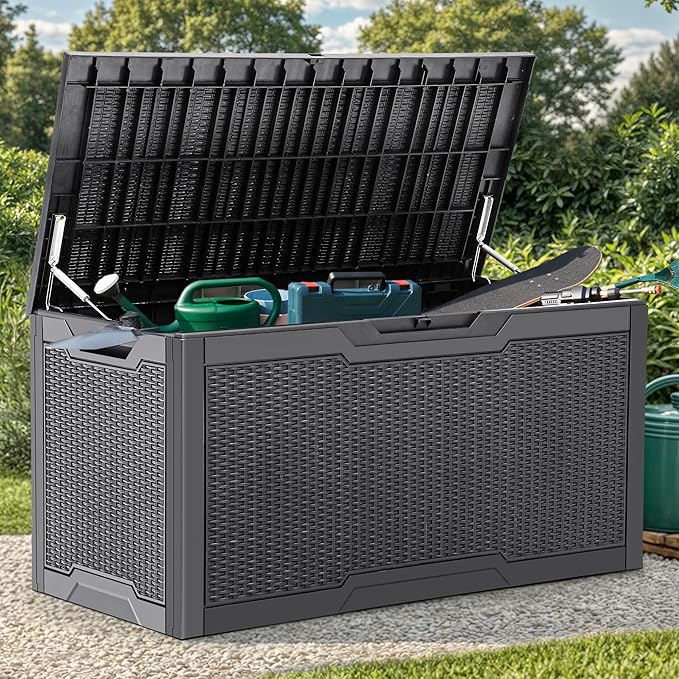 YITAHOME 100 Gallon Outdoor Storage Box, Large Water Resistant Resin Deck Box, Indoor Outdoor Lockable Storage Container for Patio, Garden, Cushions, Tools, Equipment (Dark Gray)