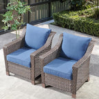 Outdoor Wicker Patio Chairs Set of 2 - Heavy Duty Outside Modern PE Rattan Lawn Chair for Front Porch Balcony Backyard Yard Deck Poolside Apartment – Brown/Blue