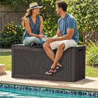 YITAHOME 80 Gallon Resin Deck Box, Weather Resistant Outdoor Rattan Storage Box, Lockable Indoor Outdoor Storage for Supplies and Essentials, Dark Brown