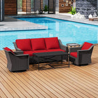 5 Pieces Outdoor Conversation Furniture Set - 77" Patio Sofa, 2 Swivel Rocker Chairs, 1 Side Table, 1 Metal Coffee Table, Patio Wicker Couch Set with Washable Cushions for Porch (Red)
