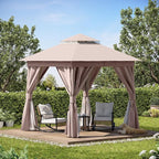 Outdoor Patio Gazebo 10FT, Heavy Duty Party Tent & Shelter with 2-Tier Roof and Expansion Bolts, Mosquito Nettings and Privacy Screens for Backyard, Garden, Poolside, Khaki