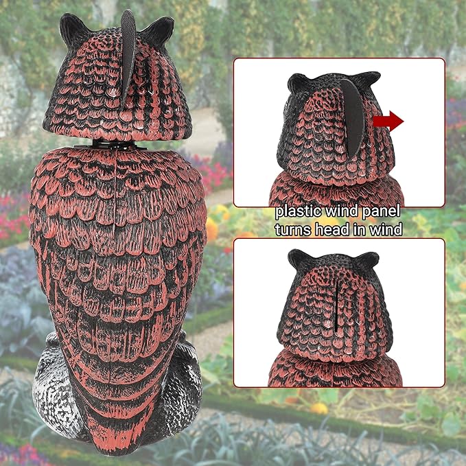 Hausse 2 Pack Bird Scarecrow Fake Owl Decoy Sculpture, Rotating Head Plastic Owl Bird Deterrents, 10.6 Inch Height Nature Enemy Horned Pest Repellent for Outdoor Garden Yard