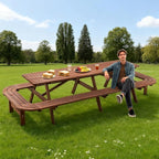 16-Person Picnic Table Set with Attached Benches & Umbrella Hole,Rectangle Brown Outdoor Wood Dining Table & Chairs for Patio Yard Garden Porch Deck